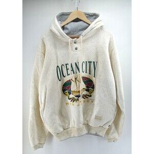 Vintage‎ Diport Made In USA 90s Buttoned Hoodie Sweatshirt Beige Size Medium